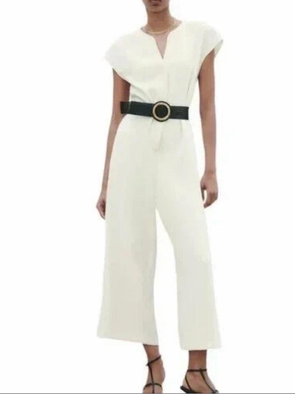 Zara Ivory Cap-Sleeve Wide-Leg Jumpsuit with Statement Belt - Picture 1 of 9